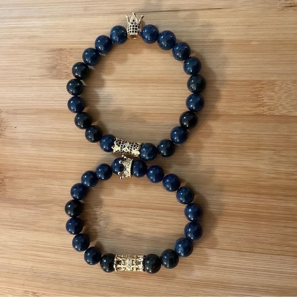 Hand Crafted Couple’s 2 Bracelets Blue Gemstone Pave King Queen Crown Rhinestone
